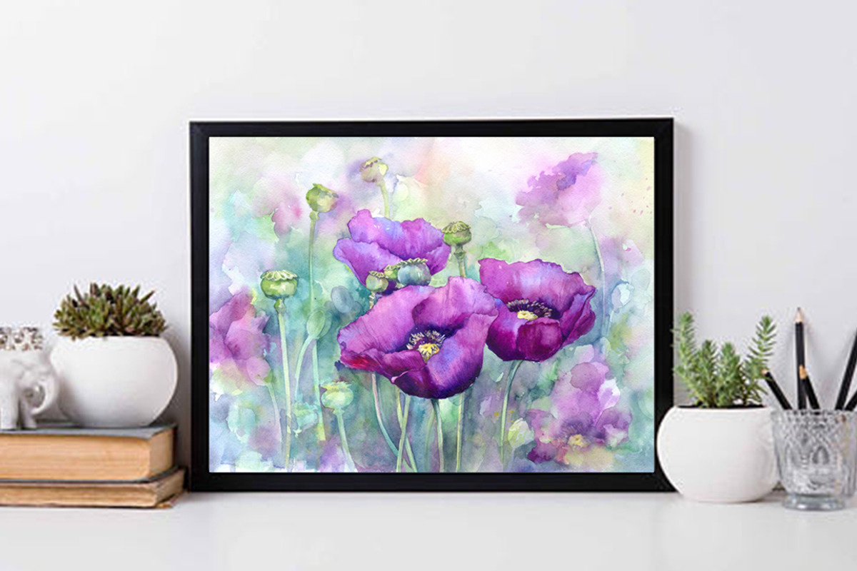 Watercolor purple poppy flowers, an Illustration by MaryAmi (Photo 2 of 3)