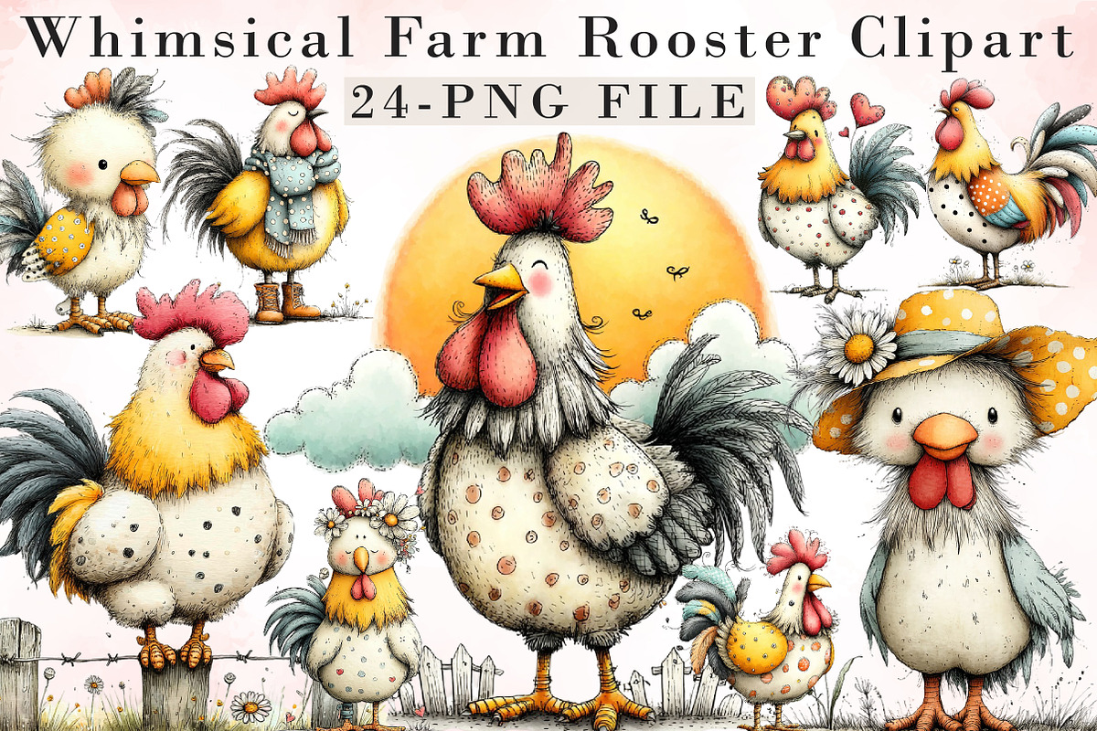 Whimsical Farm Rooster Clipart, an Illustration by Libby Wishes (Photo 1 of 7)