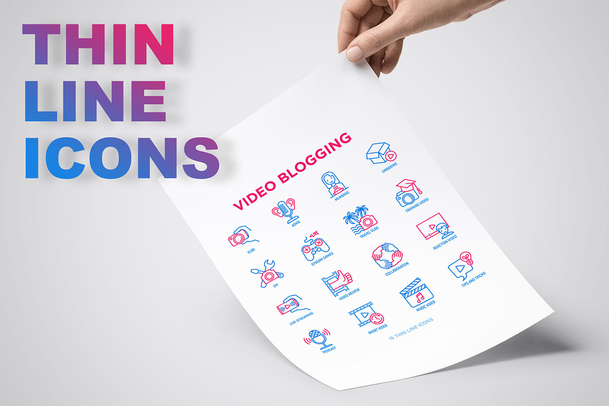 Video Blogging | 16 Thin Line Icons, an Outline Icon by Alex Blogoodf (Photo 3 of 11)