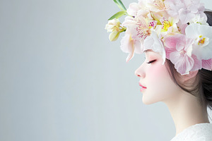 A side profile of a woman with pink makeup and an orchid flower in her hair, is, a Person Photo by Mashimara
