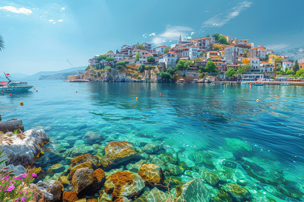 Stunning Spring View of Saranda Port with Clear Waters and Colorful Buildings, a Photo by AS photostudio