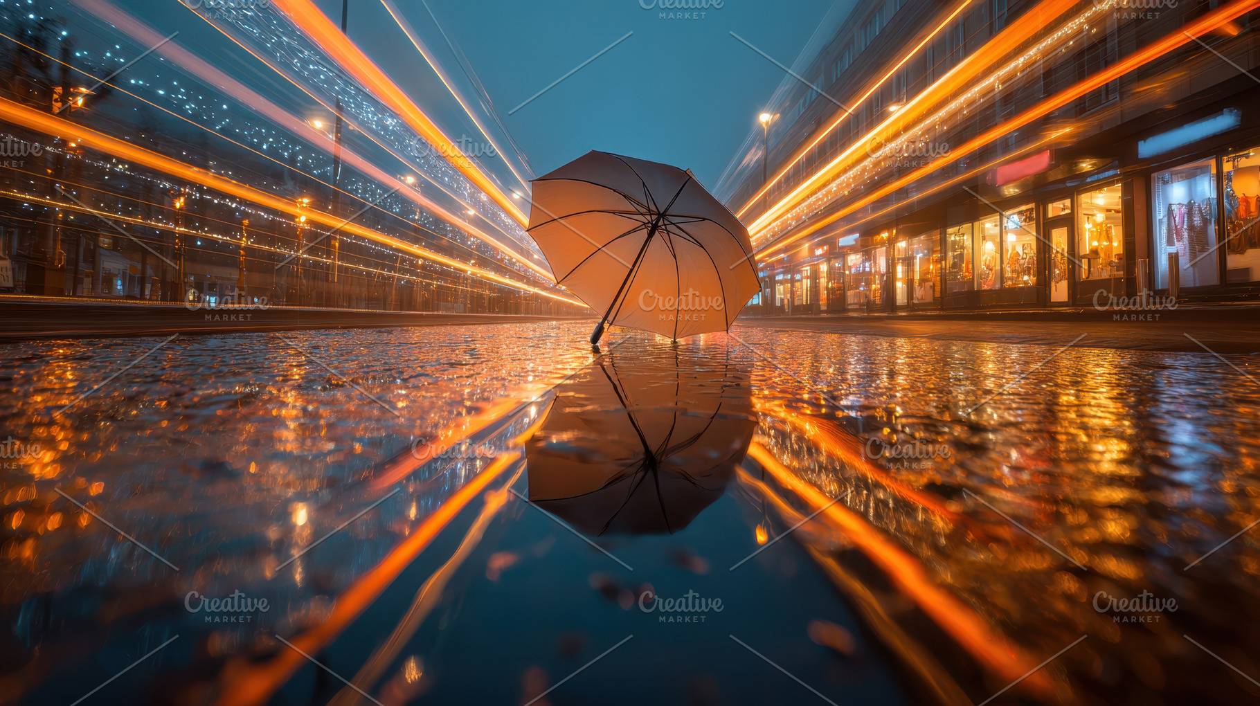 Lonely orange umbrella on a rainy city street, an Abstract Photo by AlyaAnd