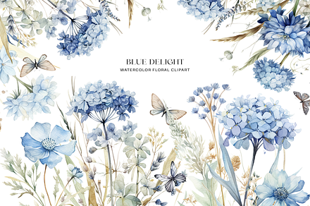 Dusty Blue Floral Clipart Watercolor, a Decorative Illustration by Patishop Art