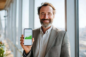 Successful entrepreneur showcases business growth using smartphone in modern of, a Business Photo by AlyaAnd