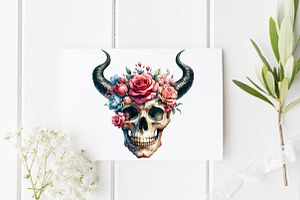 Floral Skull With Horns PNG Clipart