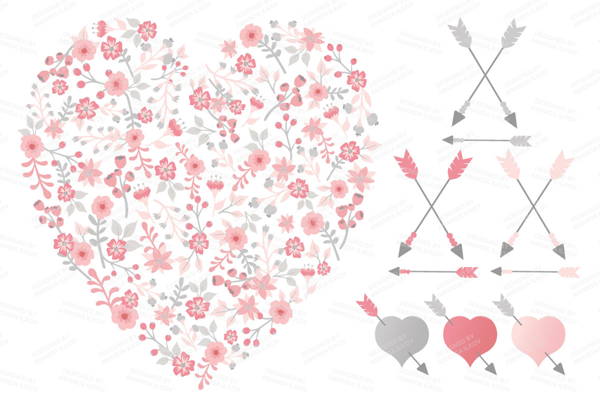 Pink & Grey Floral Heart & Banners, an Illustration by Amanda Ilkov (Photo 3 of 4)