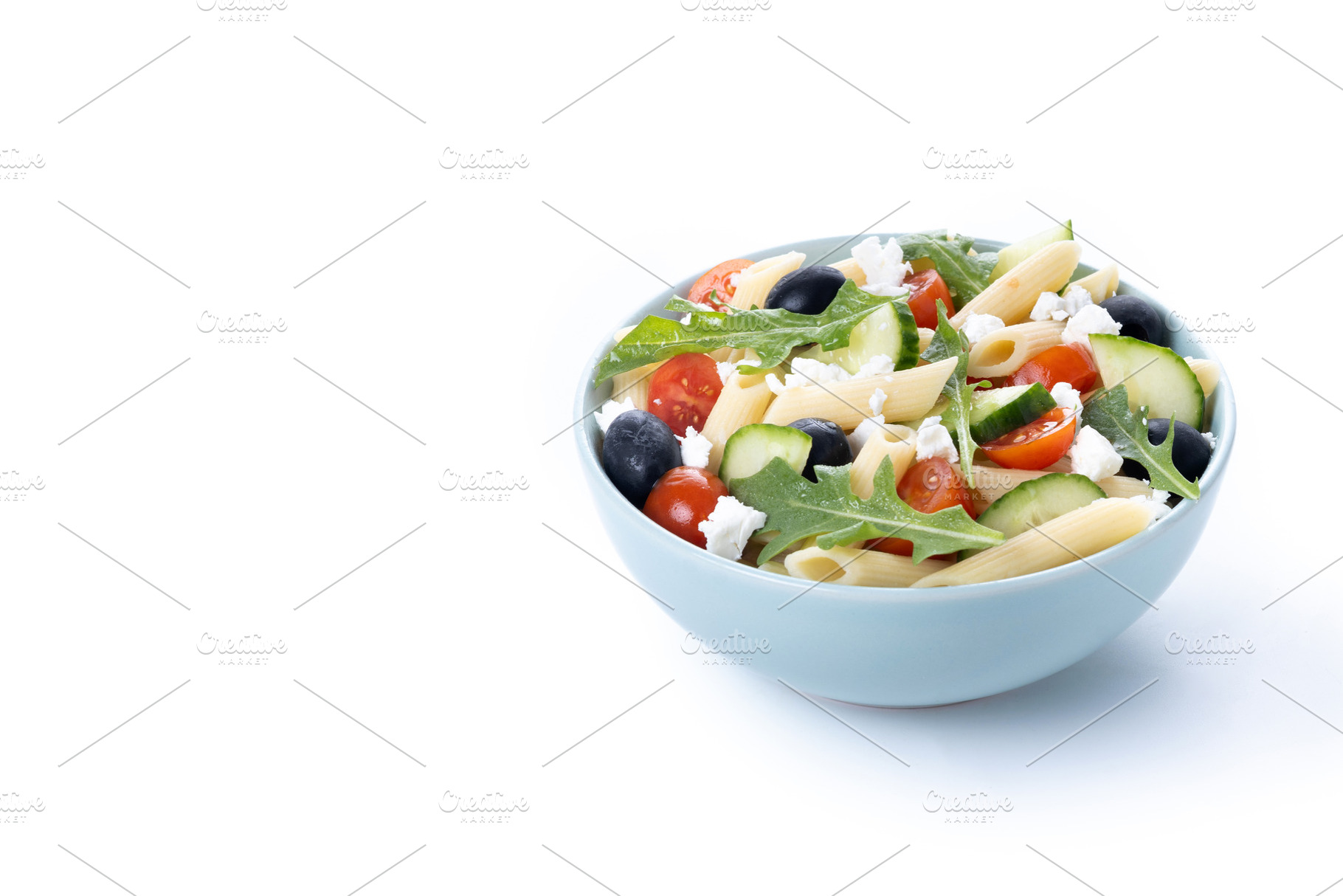 Mediterranean Pasta Salad with Fresh Vegetables and Herbs isolated on white bac, a Food & Drink Photo by etorres69