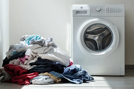 Laundry pile waits next to a white w, a Photo by Iftikhar Alam