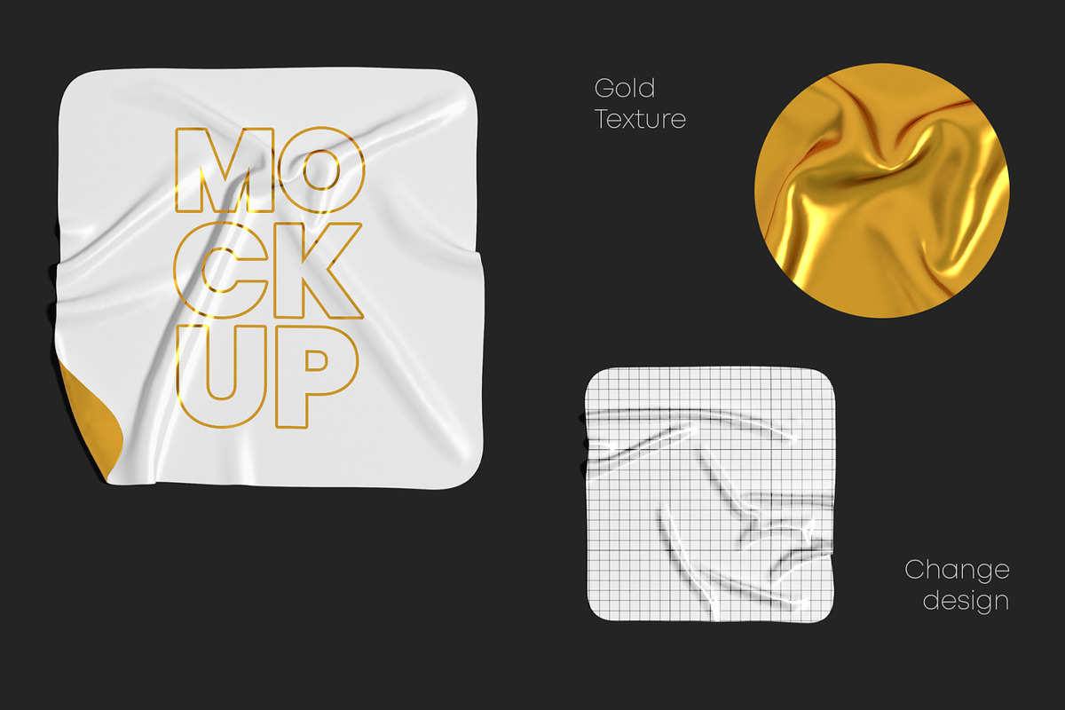 Square Crumpled Stickers Mockup Set, a Print Template by Graphic Bird (Photo 2 of 6)