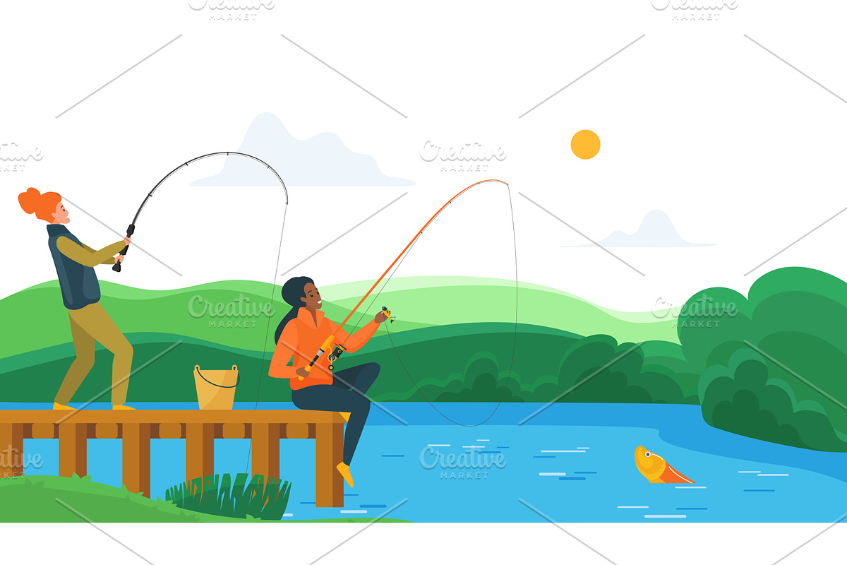 Two fisherman girls catch fish on, a Person Illustration by Lemberg Vector