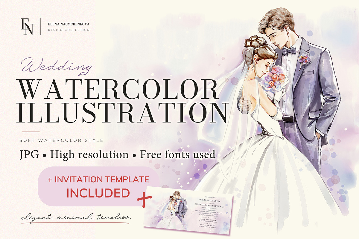 Watercolor Wedding Invite Set, a Marketing Template by Elena Naumchenkova (Photo 1 of 4)