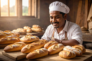 Smiling Baker with Fresh Bread Display, a Food & Drink Photo by Davizro's Market