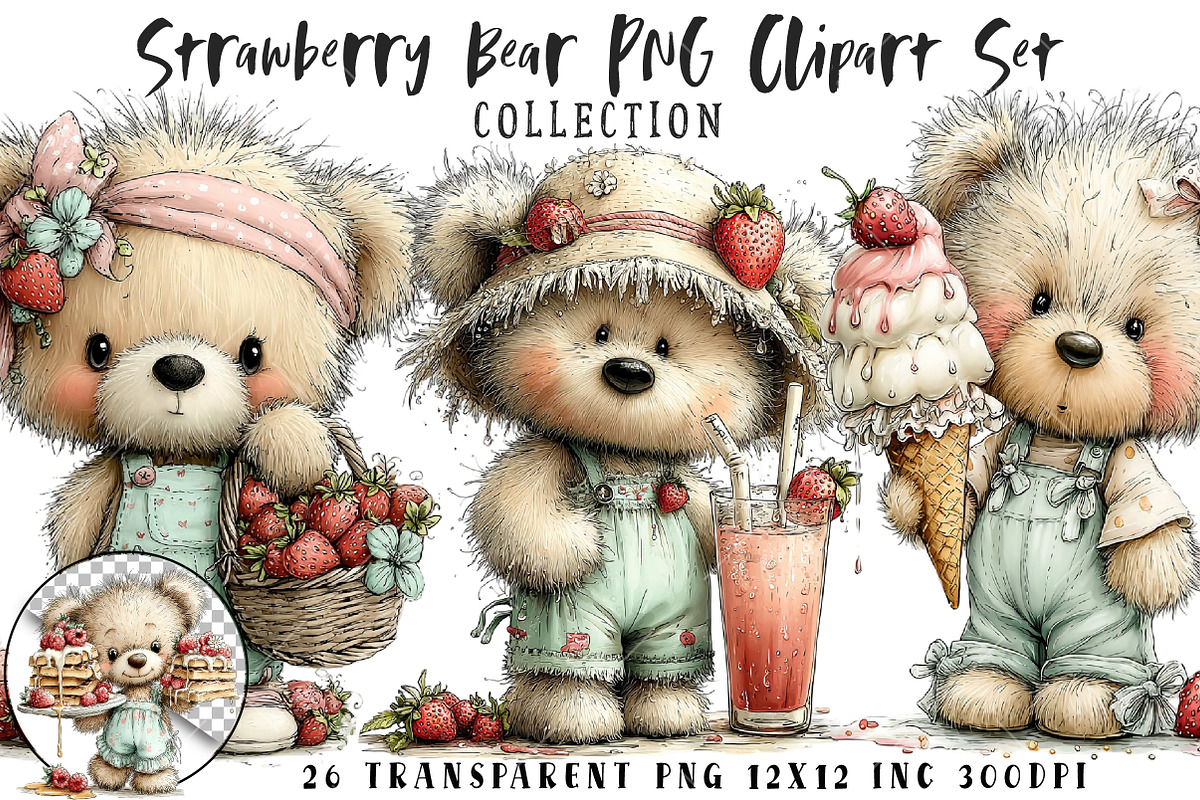 Strawberry Bear PNG Clipart Set, a Seasonal Illustration by OK Design (Photo 1 of 6)