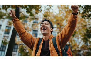 Asian man with a backpack joyfully, a Person Photo by Sergey Kotenev