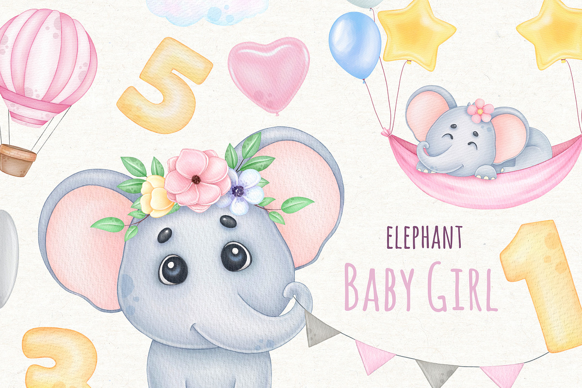 Watercolor Baby Elephant Clipart, a Decorative Illustration by ekossa_art (Photo 1 of 8)