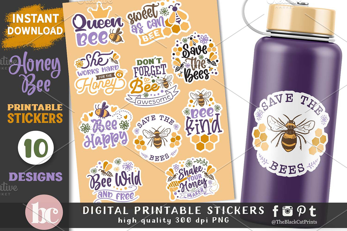 Honey & Bee Stickers Pack PNG, an Animal Illustration by TheBlackCatPrints (Photo 2 of 3)