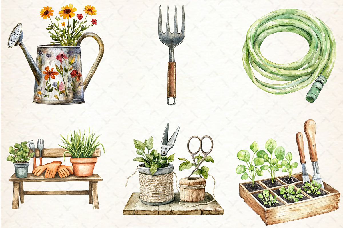 Gardening Tools Watercolor Clipart, an Illustration by Libby Wishes (Photo 2 of 7)