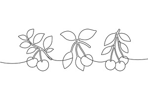 Cherry branch continuous line art, a Food Illustration by GraphiShop