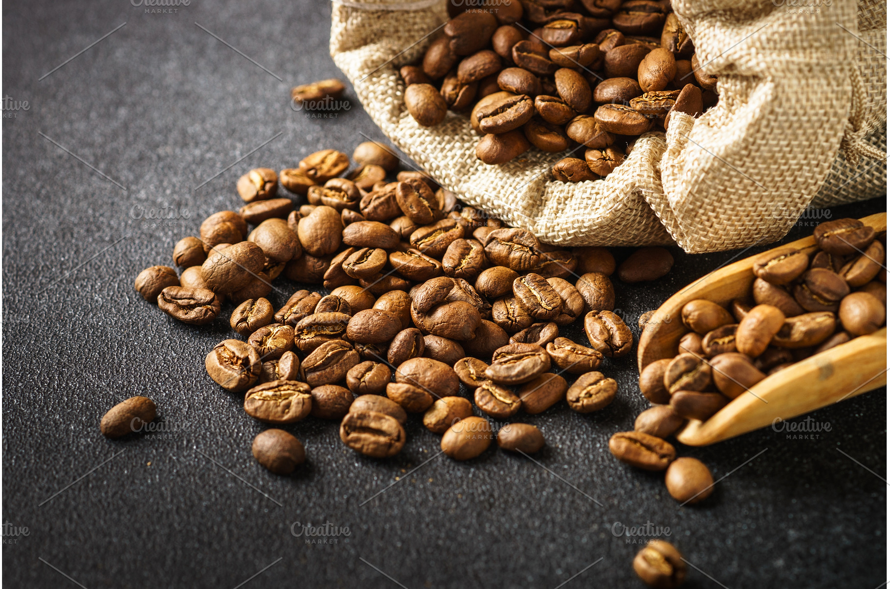 Roasted coffee beans in burlap bag., a Food & Drink Photo by Nadia-nb