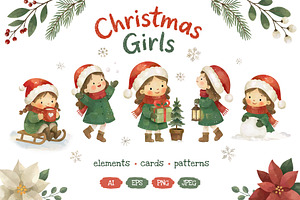Christmas Girls Watercolor Clipart