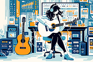 Woman playing guitar in creative studio surrounded by music equipment and instr, an Illustration by AS photostudio