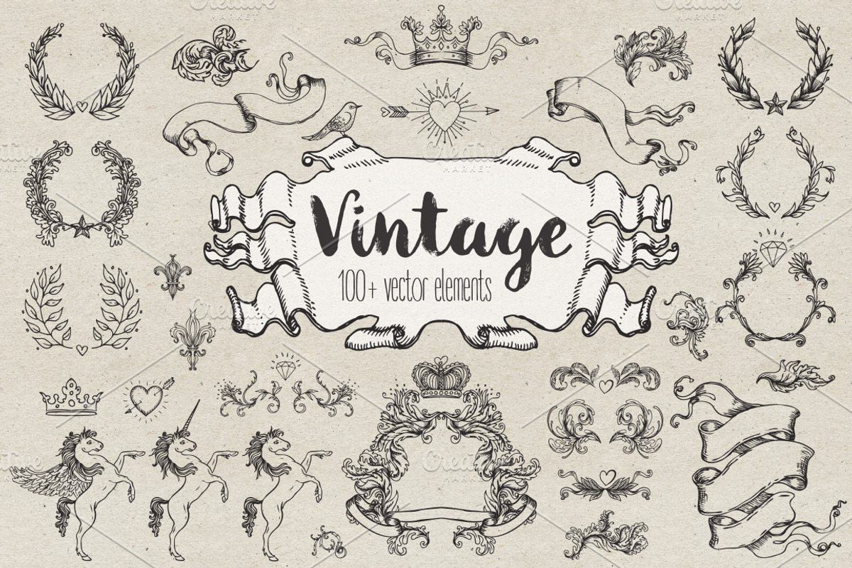 100+ Vintage Design Elements Set
