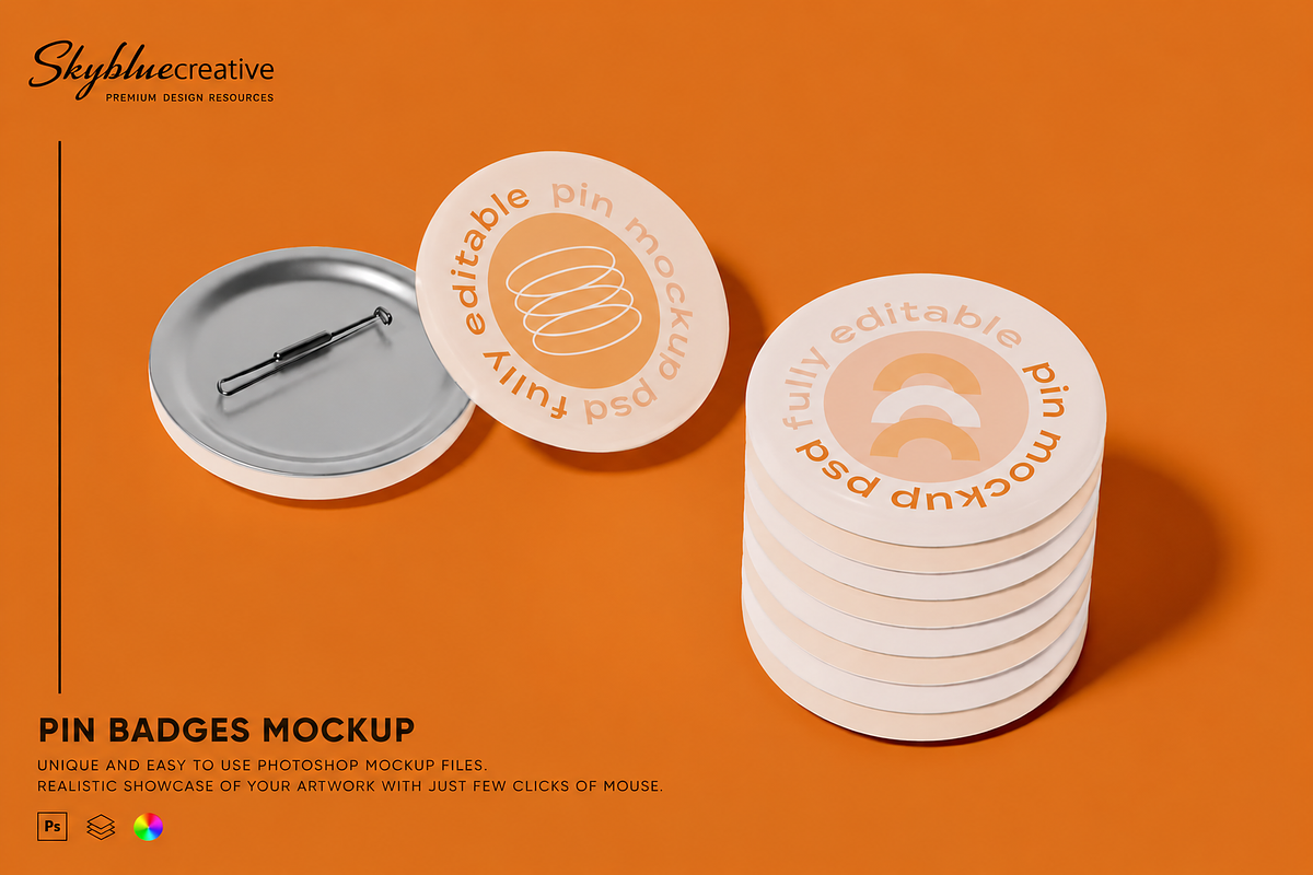 Set of Pin Button Mockup, an Advertising Mockup by skybluecreative (Photo 1 of 2)