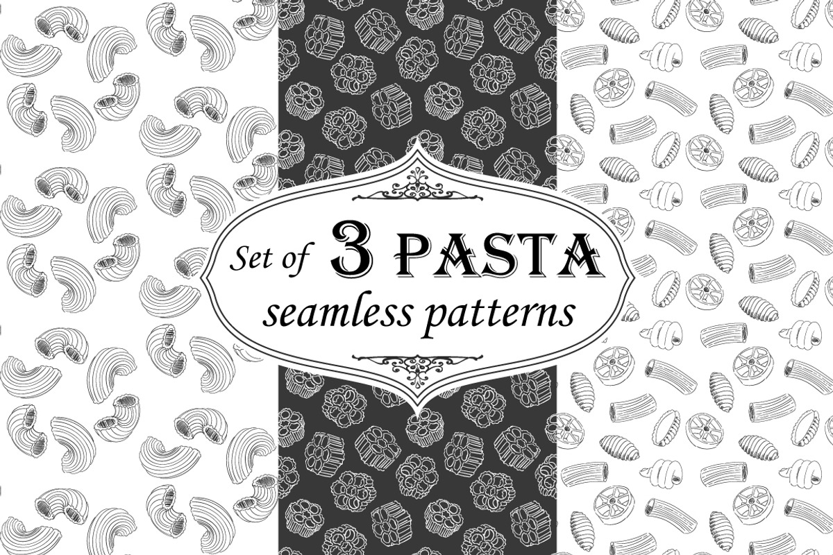 Set hand-drawn pasta patterns., a Food Illustration by itiir