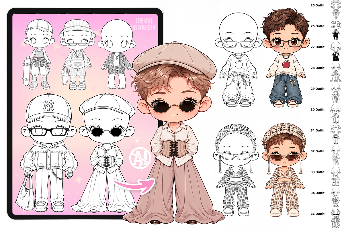 Chibi Procreate Outfit Pose brushes, a Brush Add-On by Revabrush (Photo 14 of 18)