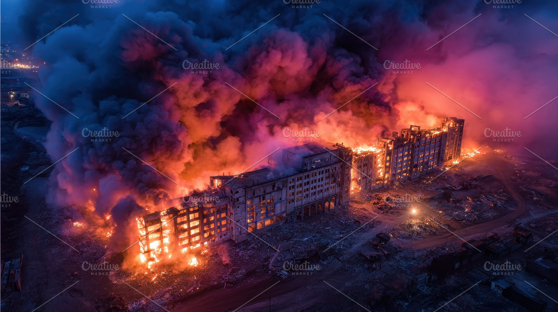 Building engulfed in flames massive, a Photo by Pixeness Studio