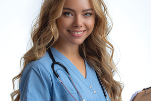 Smiling young Caucasian female healthcare professional with stethoscope and cli, a Person Photo by ImageMir