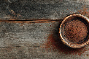 Ground cocoa powder in a wooden bowl, a Photo by Pavel_design