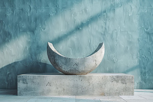 Minimal Concrete Podium With Abstract Crescent Sculpture on Blue, a Background Photo by José Manuel Gelpi