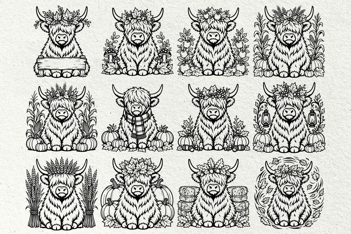 Fall Highland Cow Line Art Graphics, a Seasonal Illustration by DENIDigitalArtSudio (Photo 3 of 6)
