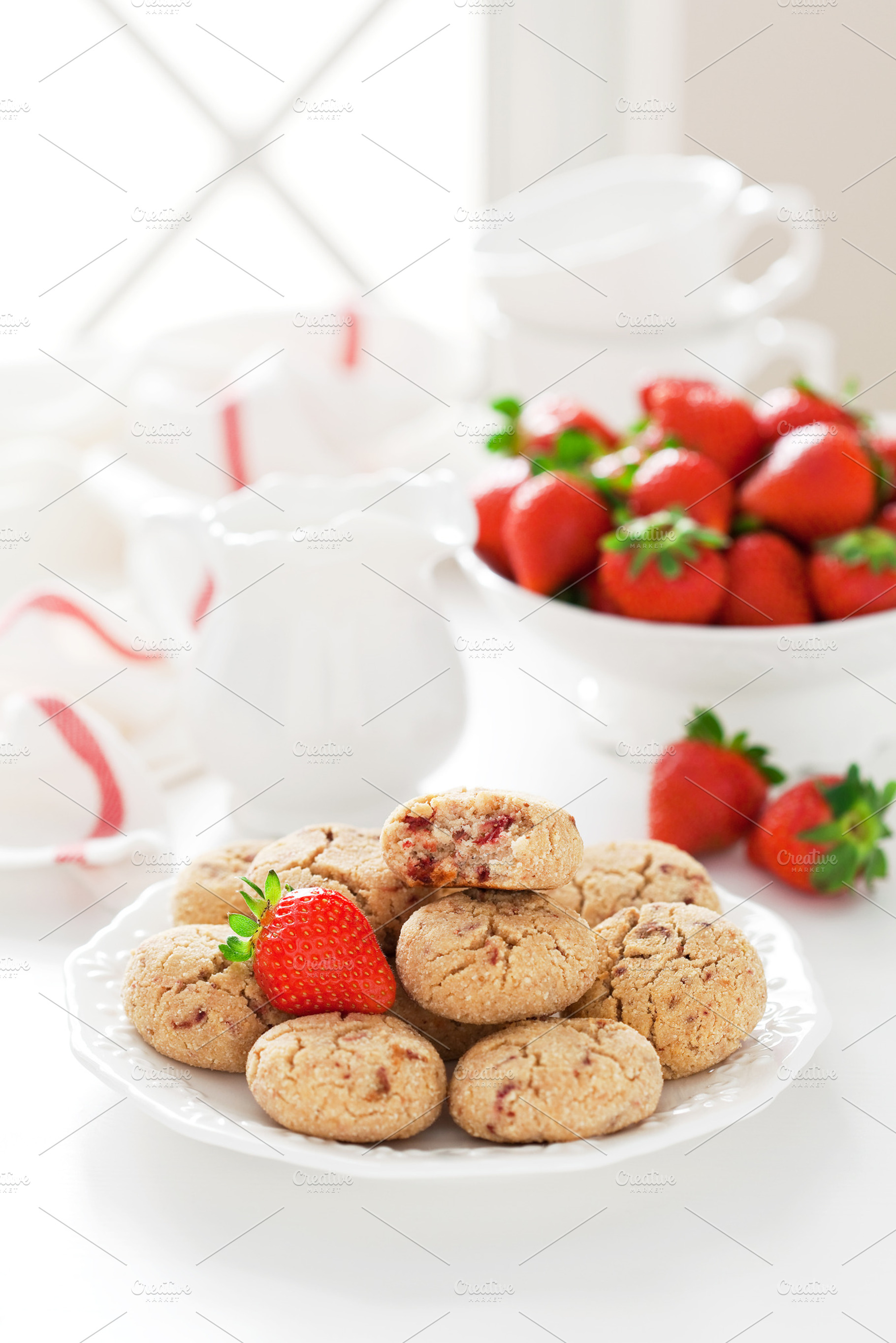 Oat bran cookies featuring closeup, strawberry, and bran