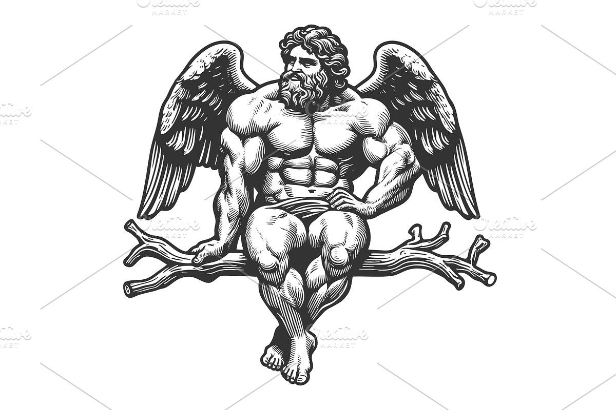 Muscular Winged Angel Sitting on, a Person Illustration by AlexArt