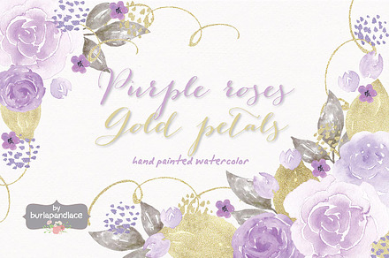 Purple roses, gold petals watercolor