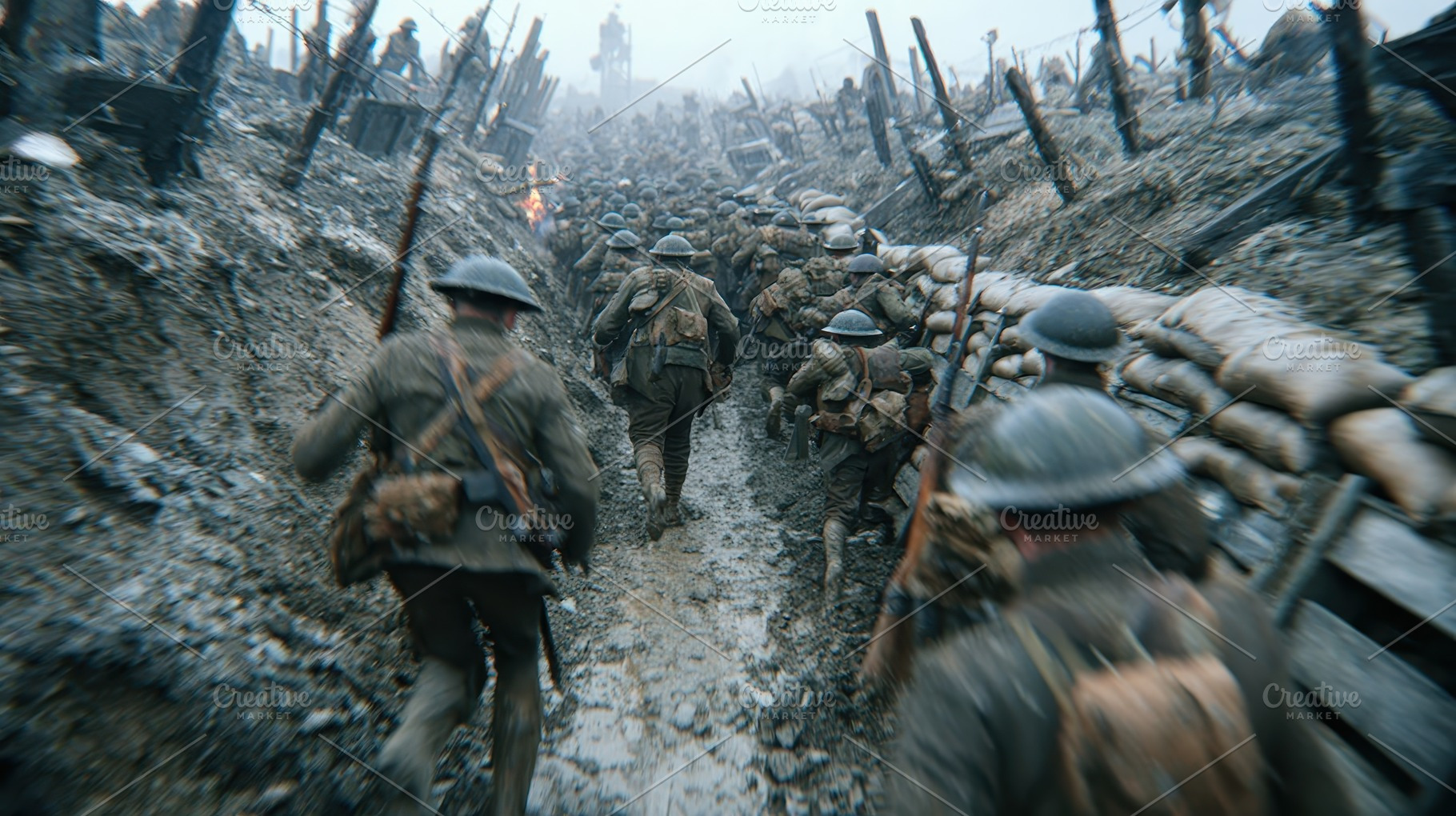 Soldiers Running Through Trench Worl, a Photo by Pixeness Studio