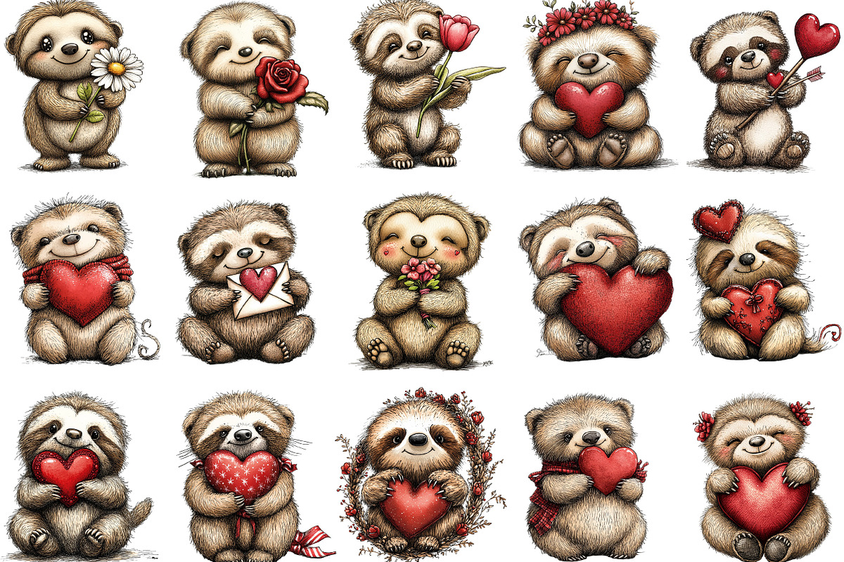 Whimsical Valentine Sloth Clipart, an Illustration by Designking (Photo 2 of 5)