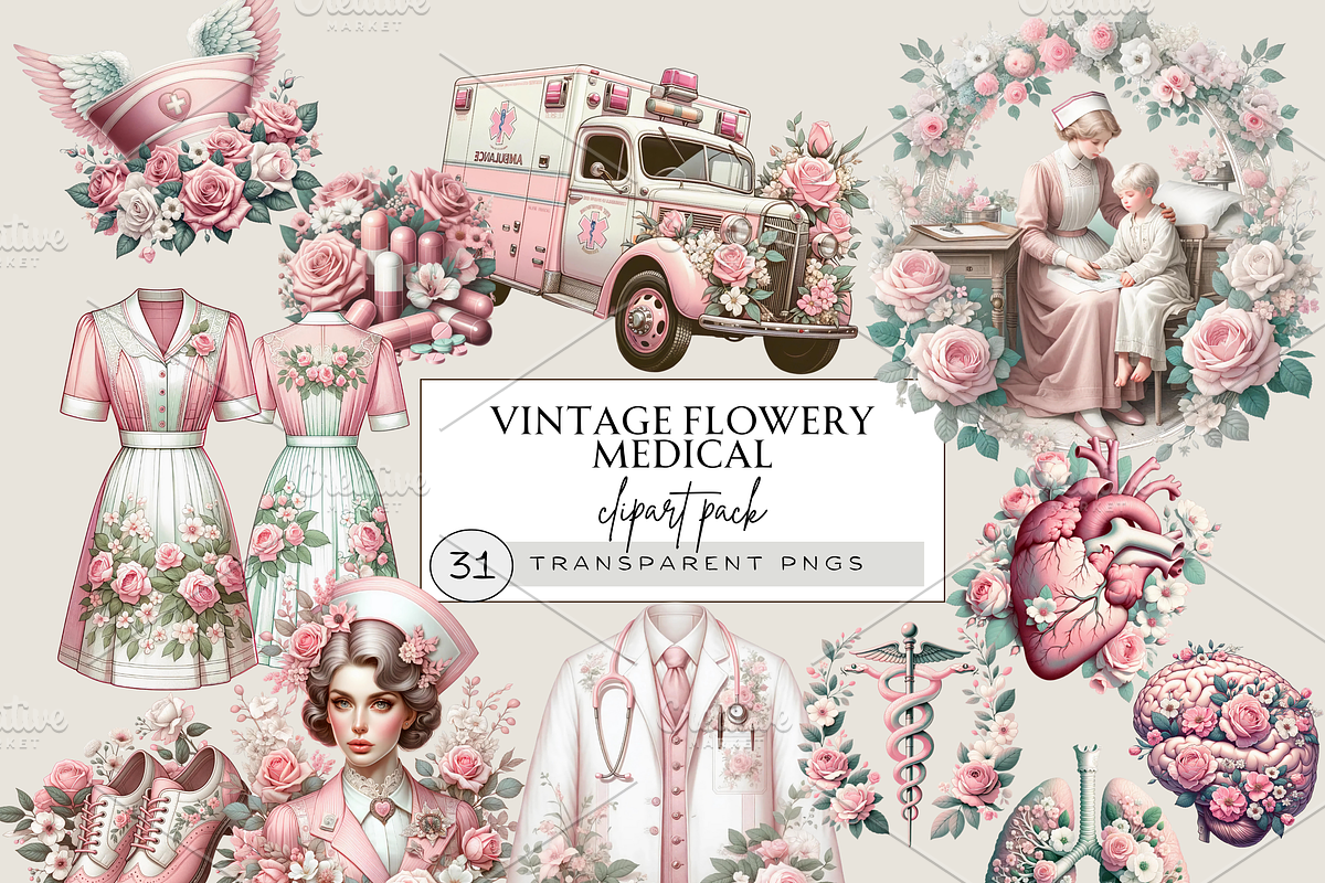 VINTAGE BLUSH PINK MEDICAL CLIPART, an Object Illustration by Daring Digies (Photo 1 of 8)