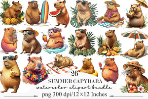 Summer Capybara Clipart Set PNG, an Illustration by Designking