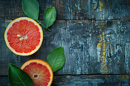Fresh grapefruit with green leafs on wooden table, a Food & Drink Photo by AlyaAnd