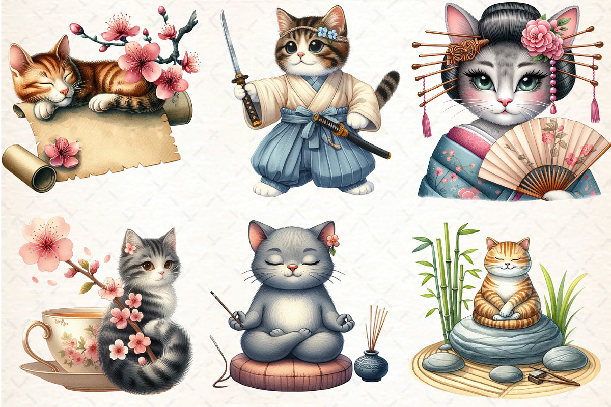 Beautiful Cat Bundle Japanese Style, an Illustration by DreamCafeArt (Photo 3 of 5)