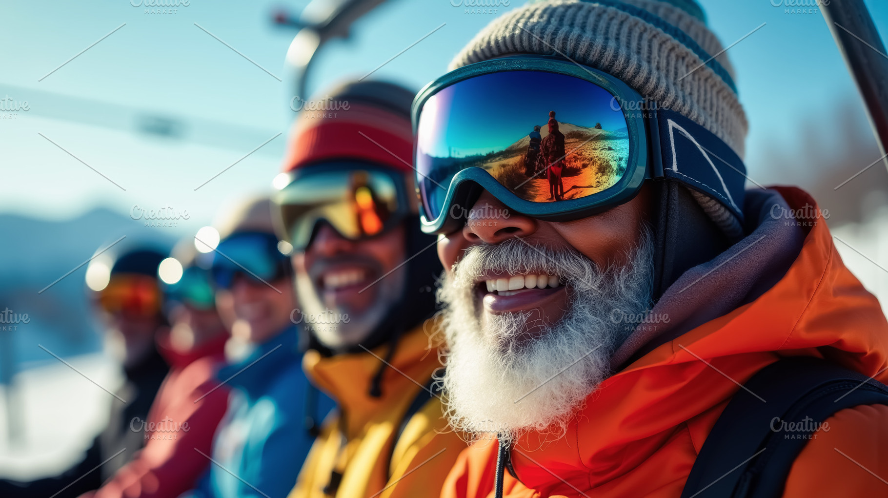 A group of smiling skiers in colorfu, a Photo by angellodeco
