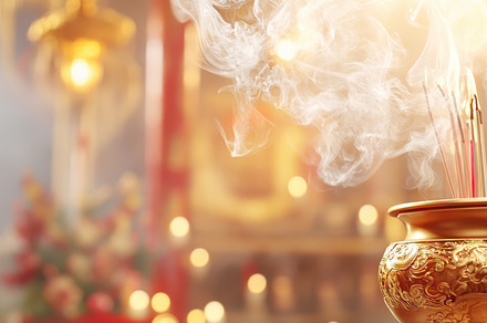 Burning incense sticks in a soft turquoise holder with wisps of smoke, set agai, a Holiday Photo by Mashimara