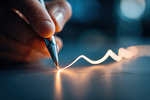 Glowing line created by a pen on a surface, a Business Photo by AlyaAnd