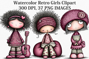 Watercolor Retro Girls Clipart, an Illustration by Canvas Craft