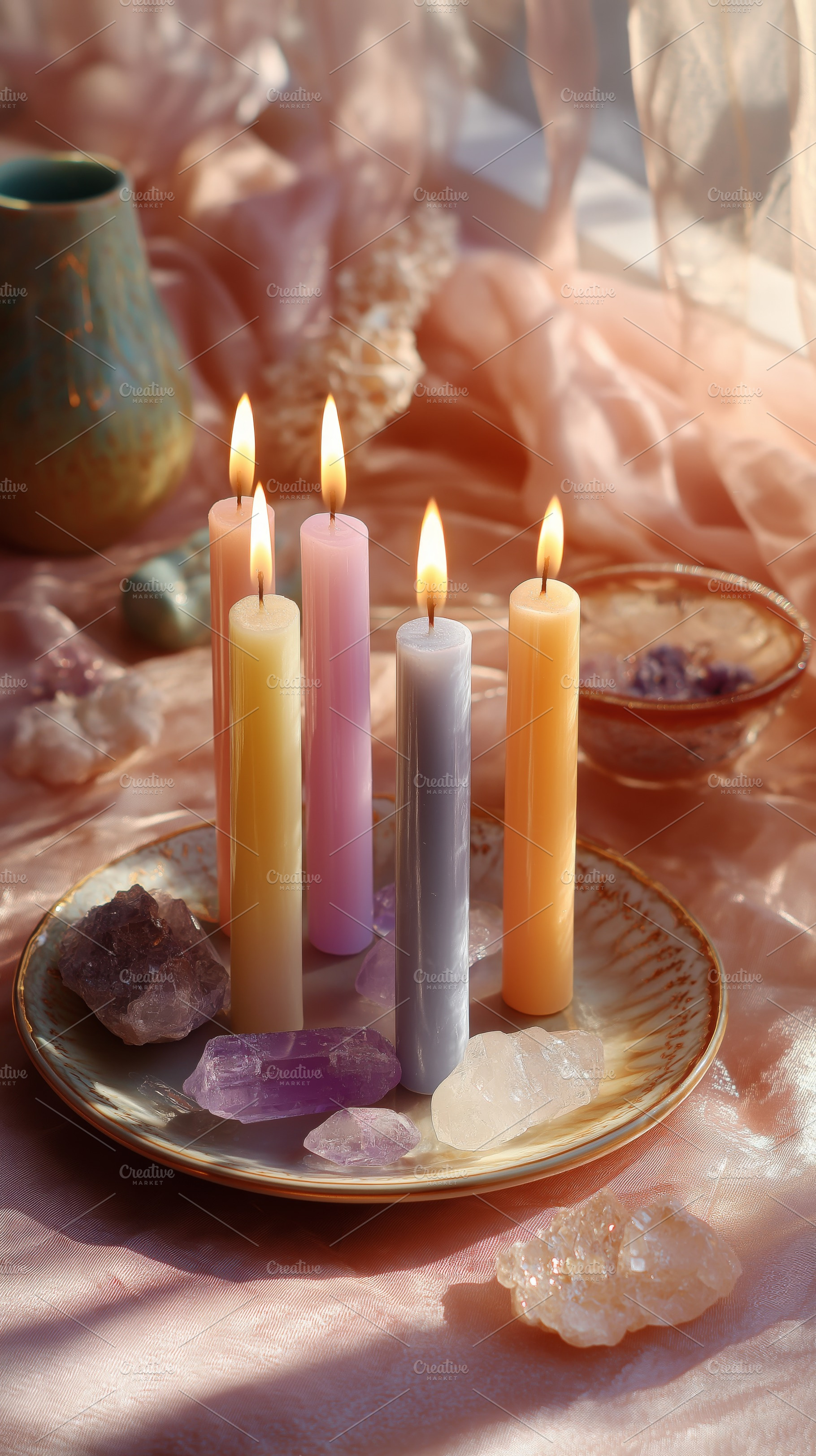 Serene Candle Arrangement: Warm Glow of Pastel Colored Candles with Crystals fo, an Arts & Entertainment Photo by Ocean Digital Art