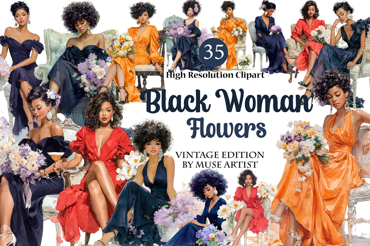 Black Woman Flowers Clipart, an Illustration by DreamArtGraphic (Photo 1 of 4)
