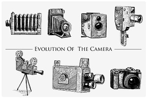 evolution of the photo, video, film, movie camera from first till now vintage, engraved hand drawn in sketch or wood cut style, old looking retro lens, isolated vector realistic illustration, an Object Illustration by Arthur Balitskiy